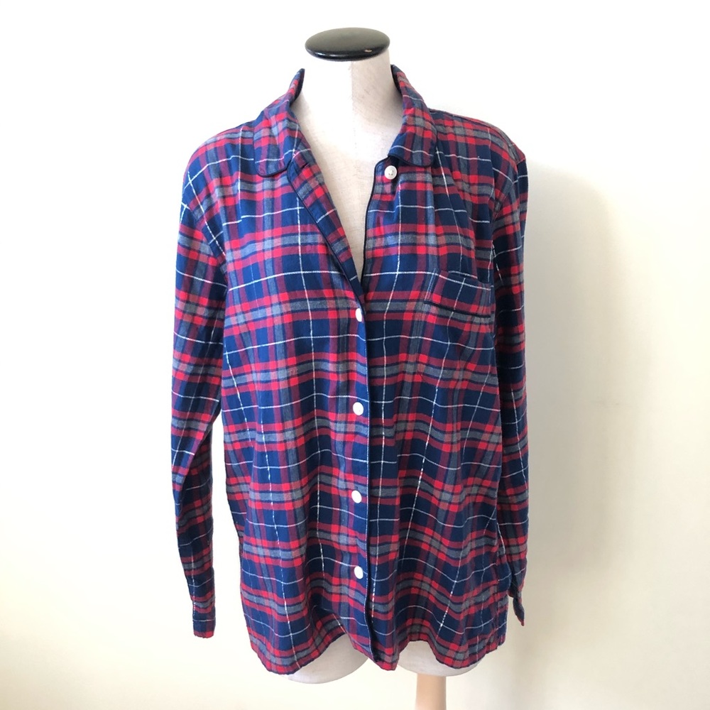 J Crew Sparkle Red Plaid Flannel Pajama Shirt top - Picture 2 of 7